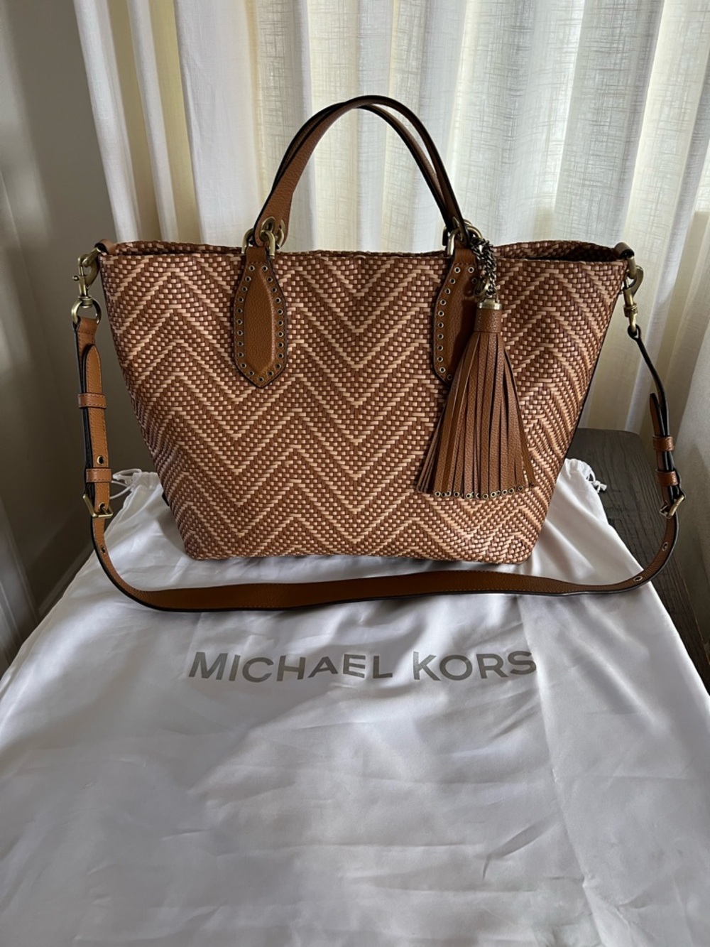 Michael Kors Brown Woven Tote with Tassel Accent